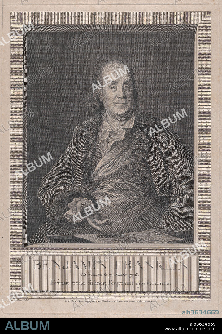 Portrait of Benjamin Franklin. Artist: Louis Jacques Cathelin (French, Paris, 1739-1804); After Anne Rosalie Bocquet Filleul (French, Paris 1752-1794 Passy). Dimensions: Sheet: 18 3/16 × 13 1/2 in. (46.2 × 34.3 cm)
Plate: 14 5/16 × 10 1/16 in. (36.4 × 25.5 cm). Date: 1779.