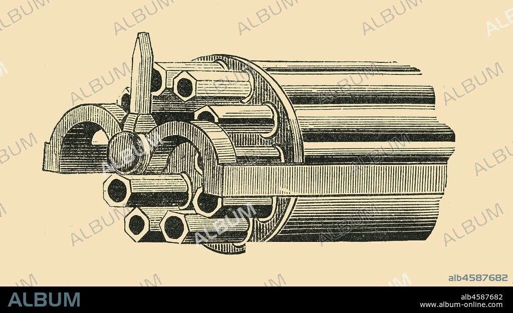 Barrel of Gatling gun, c1872. Diagram detail of the cyclic multi-barrel Gatling gun, an early form of rotary cannon. Invented by Richard Gatling and patented in 1862, the Gatling was a rapid-fire spring loaded, hand cranked weapon which allowed higher rates of fire to be achieved without the barrels overheating. From "The Franco-Prussian War: its causes, incidents and consequences", Volume I, by Captain H M Hozier. [William Mackenzie, London, 1872].