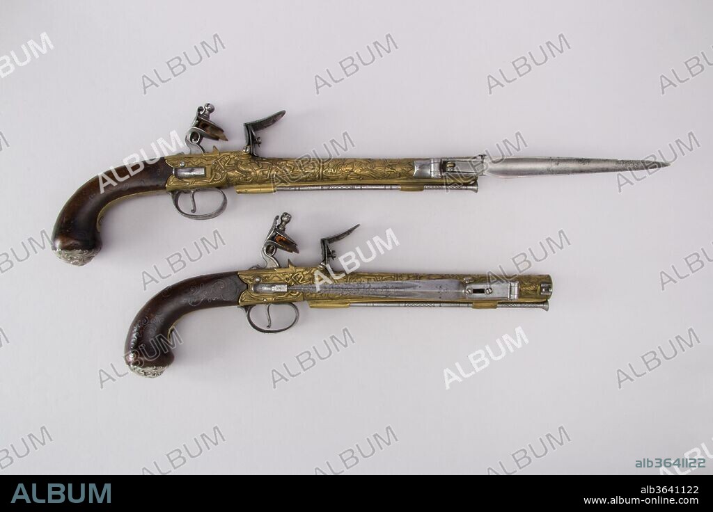 Pair of Flintlock Box-Lock Pistols with Bayonets. Culture: British and Spanish. Dimensions: 19.53.17; L. 15 1/6 in. (38.3 cm); L. of barrel 8 15/16 in. (22.7 cm); Cal. .64 in. (17 mm); Wt. 2 lb. 5 oz. (1048.9 g); 19.53.18; L. 14 15/16 in. (37.9 cm); L. of barrel 8 7/8 in. (22.5 cm); Cal. .67 in. (17 mm); Wt. 2 lb. 5 oz. (1048.9 g). Date: ca. 1782.