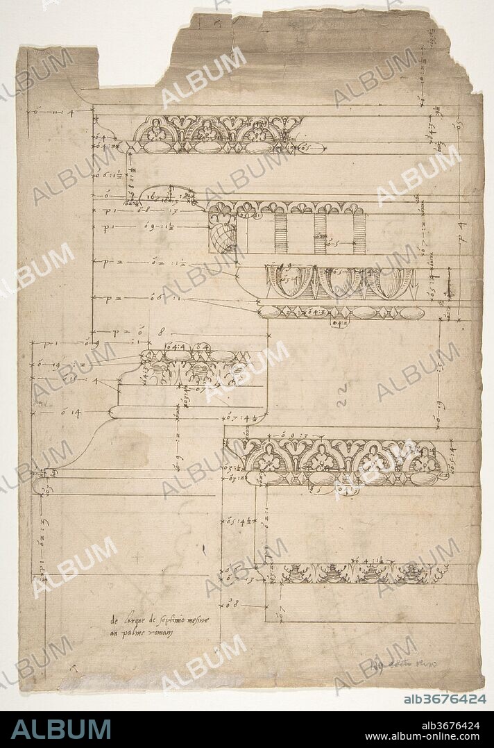 Arch of Septimius Severus, entablature, elevation; attic, base, elevation (recto) Arch of Septimius Severus, archivolt, elevation; impost, elevation; entablature, elevation; column base, elevation; column, plan (verso). Dimensions: sheet: 16 15/16 x 12 5/8 in. (43 x 32 cm). Draftsman: Drawn by Anonymous, French, 16th century. Series/Portfolio: Goldschmidt Scrapbook. Date: early to mid-16th century.