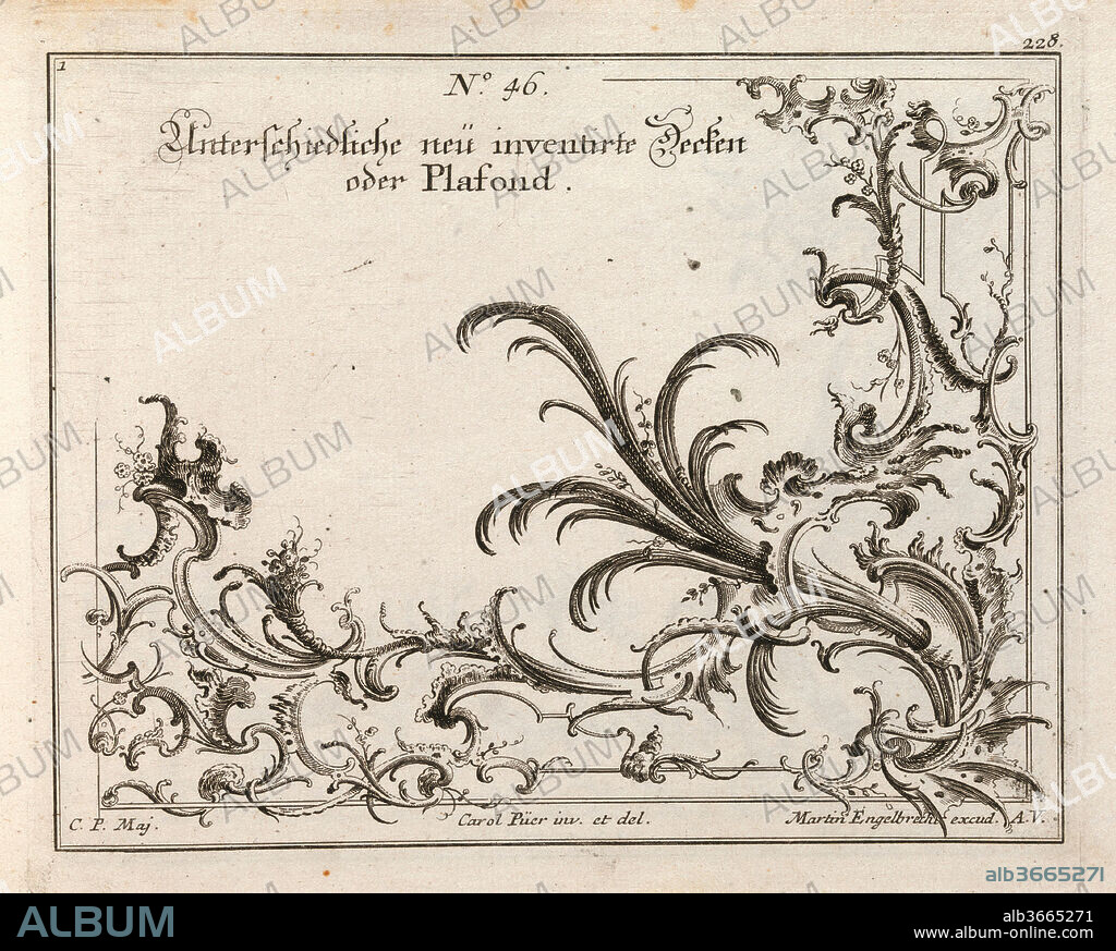 Design for the Decoration of the Lower Right Corner of a Ceiling, Plate 1 from: 'Unterschiedliche neü inventirte Decken oder Plafond.'. Artist: Carl Pier (German, active Augsburg, ca. 1750). Dimensions: Overall: 8 7/16 × 13 3/4 in. (21.5 × 35 cm). Publisher: Martin Engelbrecht (German, Augsburg 1684-1756 Augsburg). Date: Printed ca. 1750-56.
Ornament print with a design for the decoration of the lower right corner of a ceiling with thin elegant rocaille motifs and the offshoot of a plant in the corner. This print is bound in an album containing 27 series with a total of 122 ornament prints from the fund of the prominent Augsburg publisher Martin Engelbrecht.