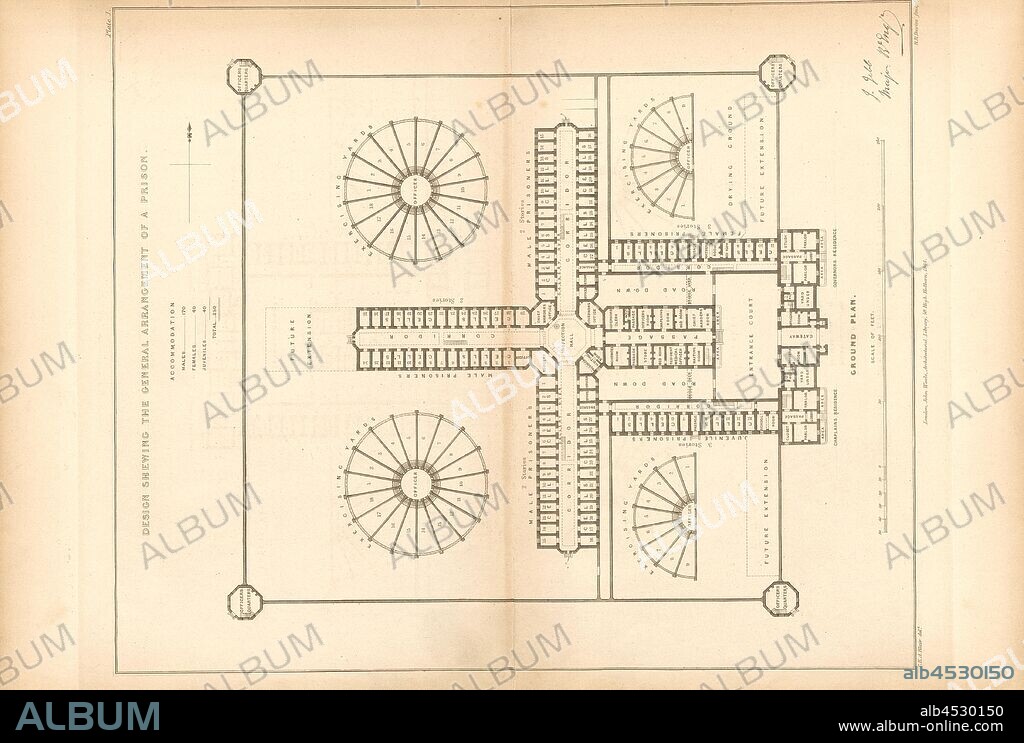 Design shewing the general arrangement of a prison: Ground Plan, Cruciform ground plan of a prison after Joshua Jebb, signed: C.E.A. Blair del, R. Davies sculp, Pl. 1, p. 24, Blair, C. E. A. (del.); Davies, Benjamin Rees (sc.), J. Jebb: Modern prisons: their construction and ventilation. London: John Weale, 1844.