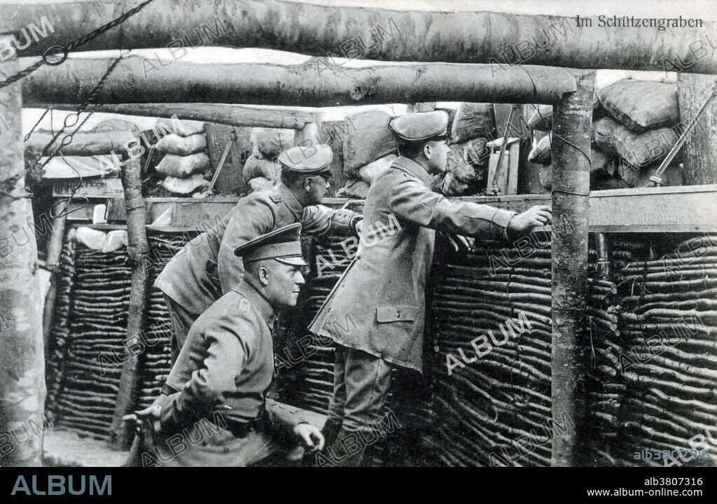 Trench warfare is a form of land warfare using occupied fighting lines consisting largely of trenches, in which troops are significantly protected from the enemy's small arms fire and are substantially sheltered from artillery. The most prominent case of trench warfare is the Western Front in WWI. Both sides constructed elaborate trench and dugout systems opposing each other along a front, protected from assault by barbed wire. The area between opposing trench lines (no man's land) was fully exposed to artillery fire from both sides. Attacks, even if successful, often sustained severe casualties. The common infantry soldier had only a few weapons to use in the trenches: the rifle, bayonet, and hand grenade. No date, location or photographer information given on postcard.