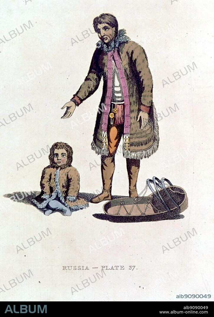 Samoyed woman with baby and cradle 1814. The Nenets people are an indigenous people in Russia. Nenetses are of Samoyedic peoples and related to Enets people, Selkup people and Nganasan people. The Oriental Adventure by Timothy Severin, page 45.