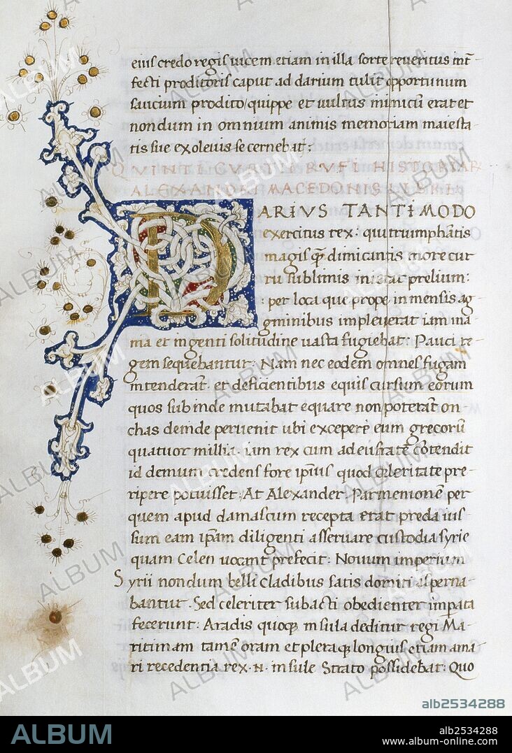 Marcus Cluvius Rufus (1st century AD). Roman historian, consul and senator. Alexander the Great. Codex written in Carolingian letter, with illuminated chapter letter. 1466. Size: 28,5 x 20 cm.