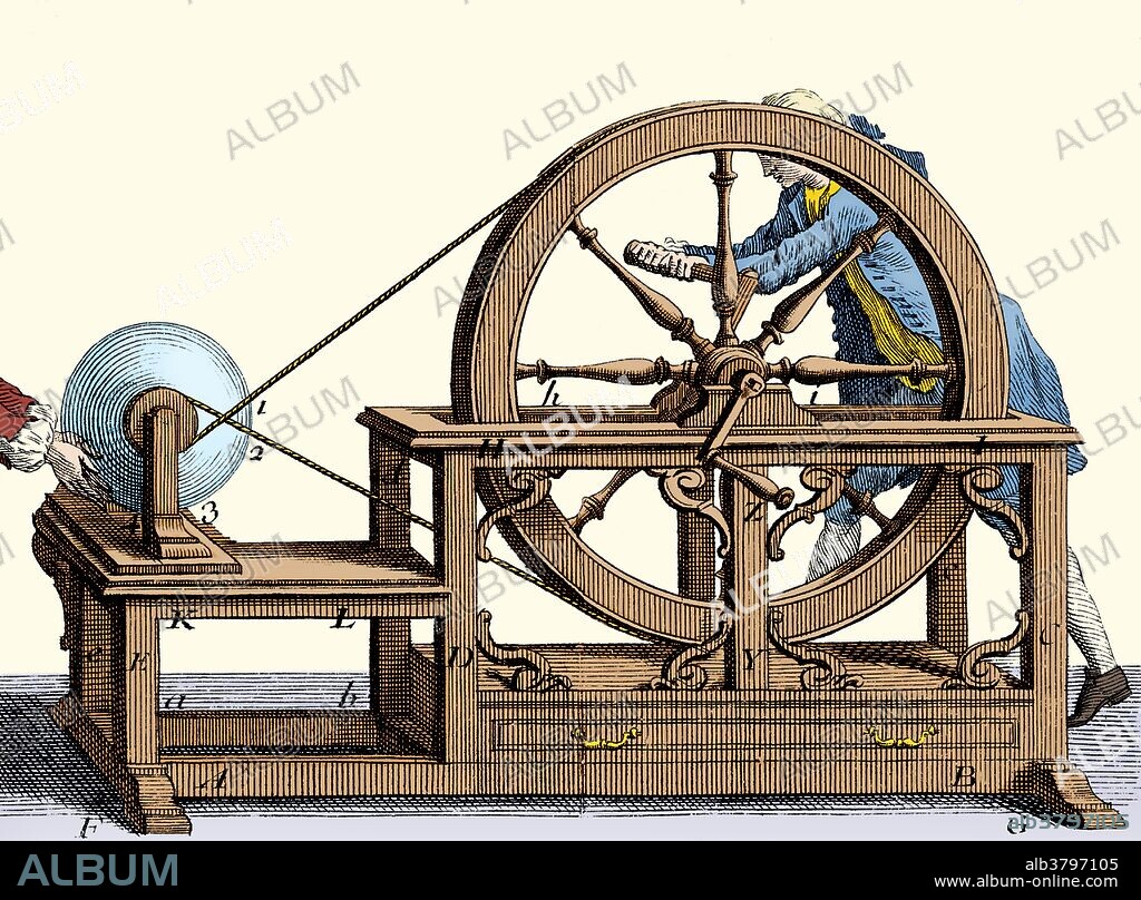 An electrostatic machine is an electromechanical generator that produces electricity at high voltage and low continuous current. The knowledge of static electricity dates back to the earliest civilizations, but for millennia it remained merely an interesting and mystifying phenomenon, without a theory to explain its behavior and often confused with magnetism. By the end of the 17th Century, researchers had developed practical means of generating electricity by friction, but the development of electrostatic machines did not begin in earnest until the 18th century, when they became fundamental instruments in the studies about electricity. Electrostatic generators develop electrostatic charges of opposite signs rendered to two conductors, using only electric forces, and work by using moving plates, drums, or belts to carry electric charge to a high potential electrode. The charge is generated by one of two methods: either the triboelectric effect (friction) or electrostatic induction. Image appeared in "Essai sur l'electricite'" by Jean-Antoine Nollet, 1750. This image has been color enhanced.