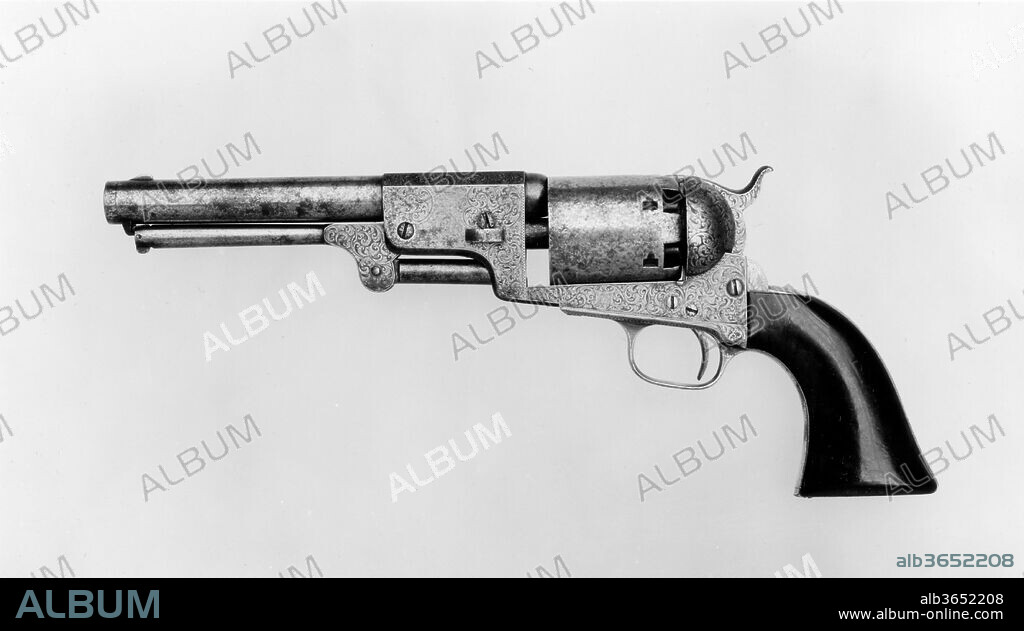 Colt Dragoon Percussion Revolver, Third Model, serial no. 13096. Culture: American, Hartford, Connecticut. Dimensions: L. 14 3/4 in. (37.47 cm); L. of barrel 7 1/2 in. (19.05 cm); Cal. .45 in. (11.4 mm). Manufacturer: Samuel Colt (American, Hartford, Connecticut 1814-1862). Date: 1853.
Samuel Colt presented this revolver to General José Rufino Echenique (1808-1879), president of Peru from 1850 to 1855.