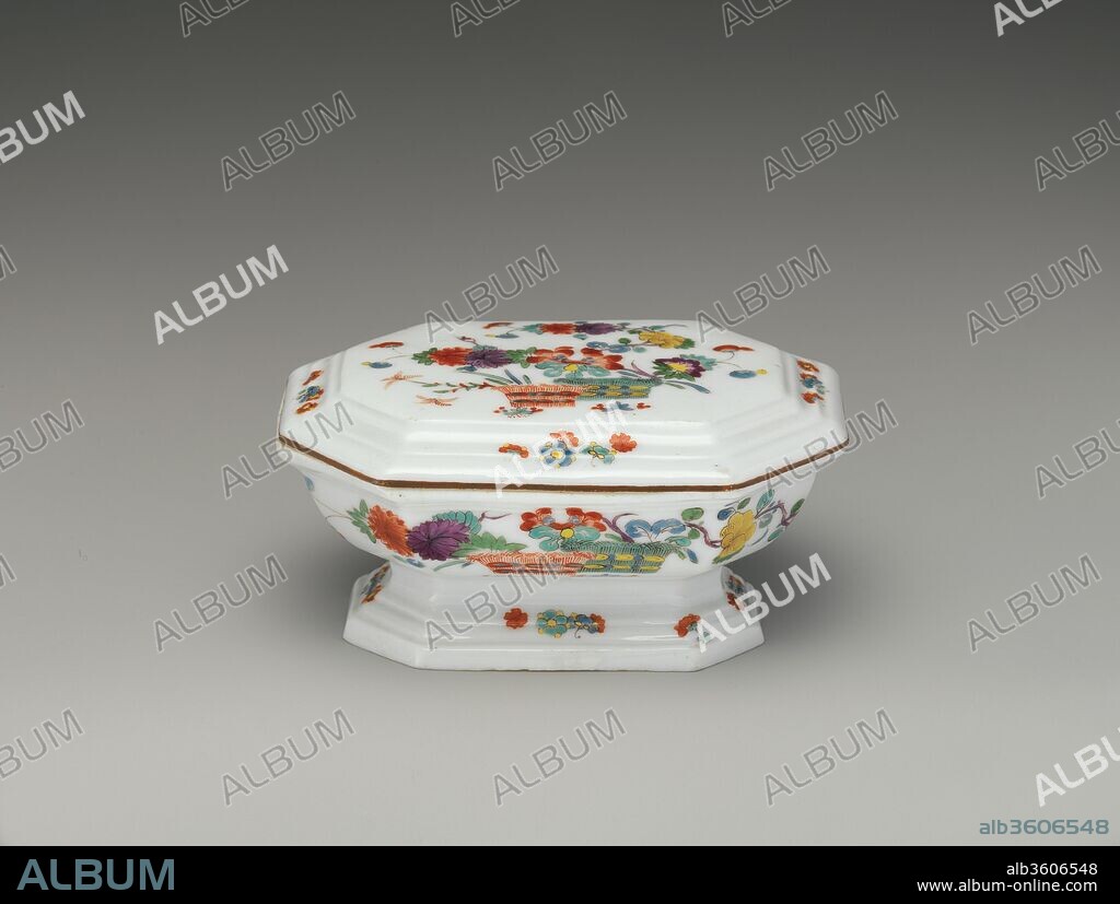 Spice box. Culture: German, Meissen. Dimensions: Overall: 2 1/4 × 4 1/2 × 3 1/8 in. (5.7 × 11.4 × 7.9 cm). Factory: Meissen Manufactory (German, 1710-present). Date: 1730-35.
Divided into three compartments, this octagonal box was meant to hold spices, possibly pepper, cloves, and nutmeg. It is decorated with the colors and motifs of Japanese Kakiemon porcelain.