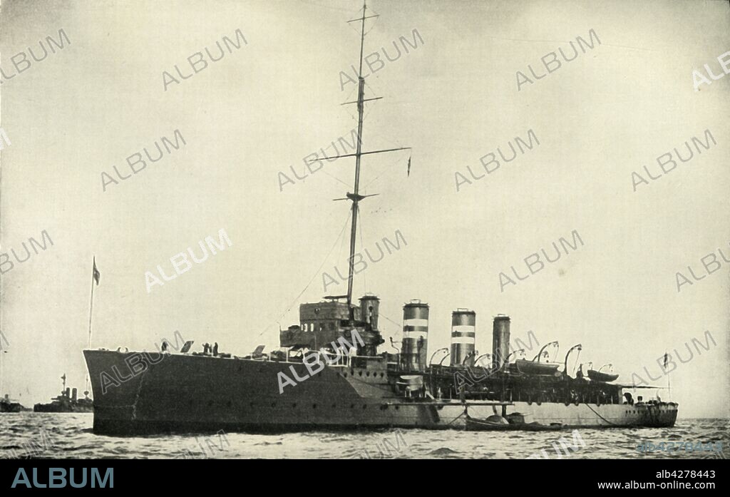 'H.M.S. "Amphion"', (1919). The battlecruiser 'HMS Amphion' was the first ship of the Royal Navy to be sunk in the First World War. On 6 August 1914 she struck a German mine off the Thames Estuary, and sank with the loss of 132 crew. 'The ill-fated cruiser sunk in the North Sea through striking a mine. Over 130 of the crew and a number of German prisoners of war went to the bottom with her.' From "The History of the Great European War: its causes and effects", Vol. II, by W. Stanley Macbean Knight. [Caxton Pulishing Company, Limited, London, 1919].