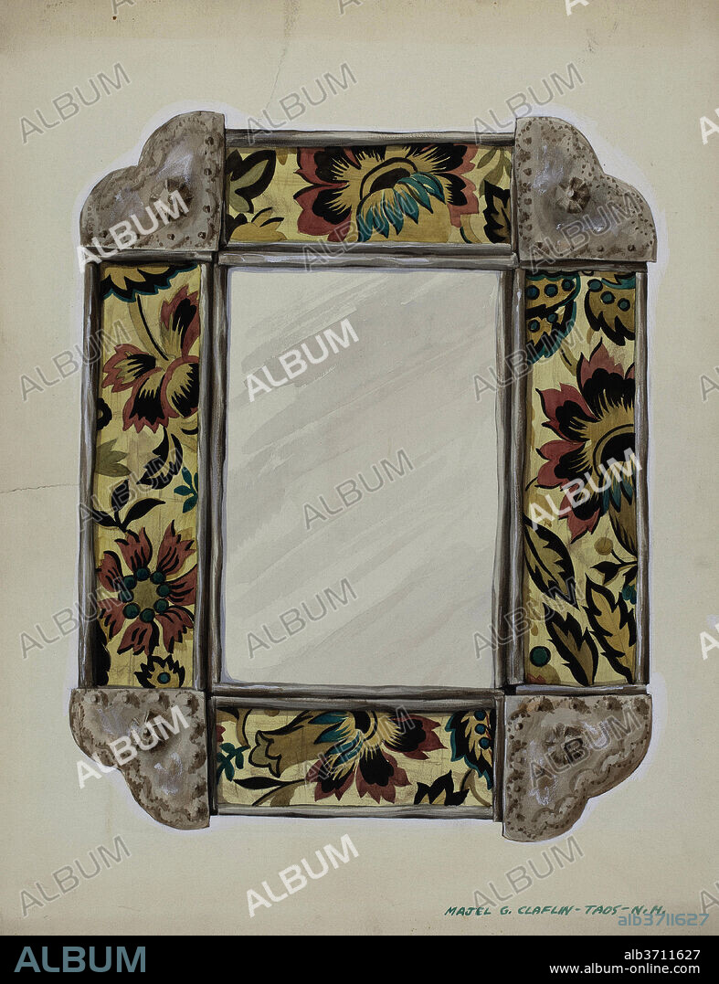 MAJEL G. CLAFLIN. Mirror, Framed with Wall Paper Panels, Bordered in Tin. Dated: c. 1938. Dimensions: overall: 36 x 27.8 cm (14 3/16 x 10 15/16 in.)  Original IAD Object: as shown. Medium: watercolor, gouache, colored pencil, and gouache on paperboard.