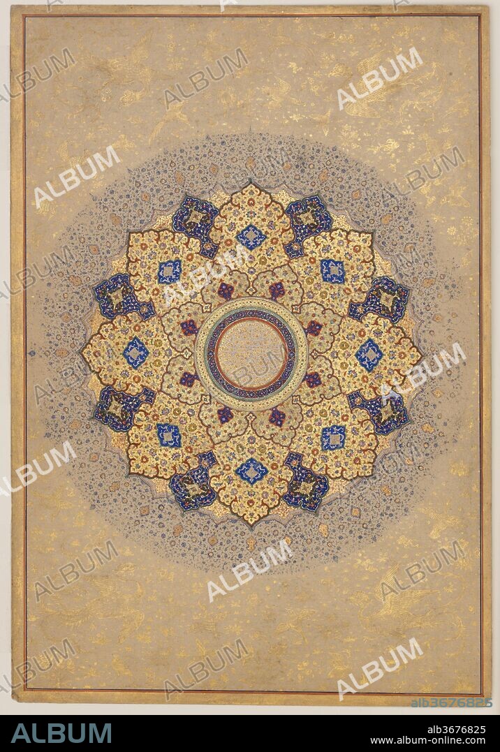 "Rosette Bearing the Names and Titles of Shah Jahan", Folio from the Shah Jahan Album. Dimensions: H. 15 3/16 in. (38.6 cm)
W. 10 7/16 in. (26.5 cm). Date: recto: ca. 1645; verso: ca. 1630-40.
A shamsa (literally, sun) traditionally opened imperial Mughal albums. Worked in bright colors and several tones of gold, the meticulously designed and painted arabesques are enriched by fantastic flowers, birds, and animals. The inscription in the center in the "tughra"  (handsign) style reads: "His Majesty Shihabuddin Muhammad Shahjahan, the King, Warrior of the Faith, may God perpetuate his kingdom and sovereignty.".