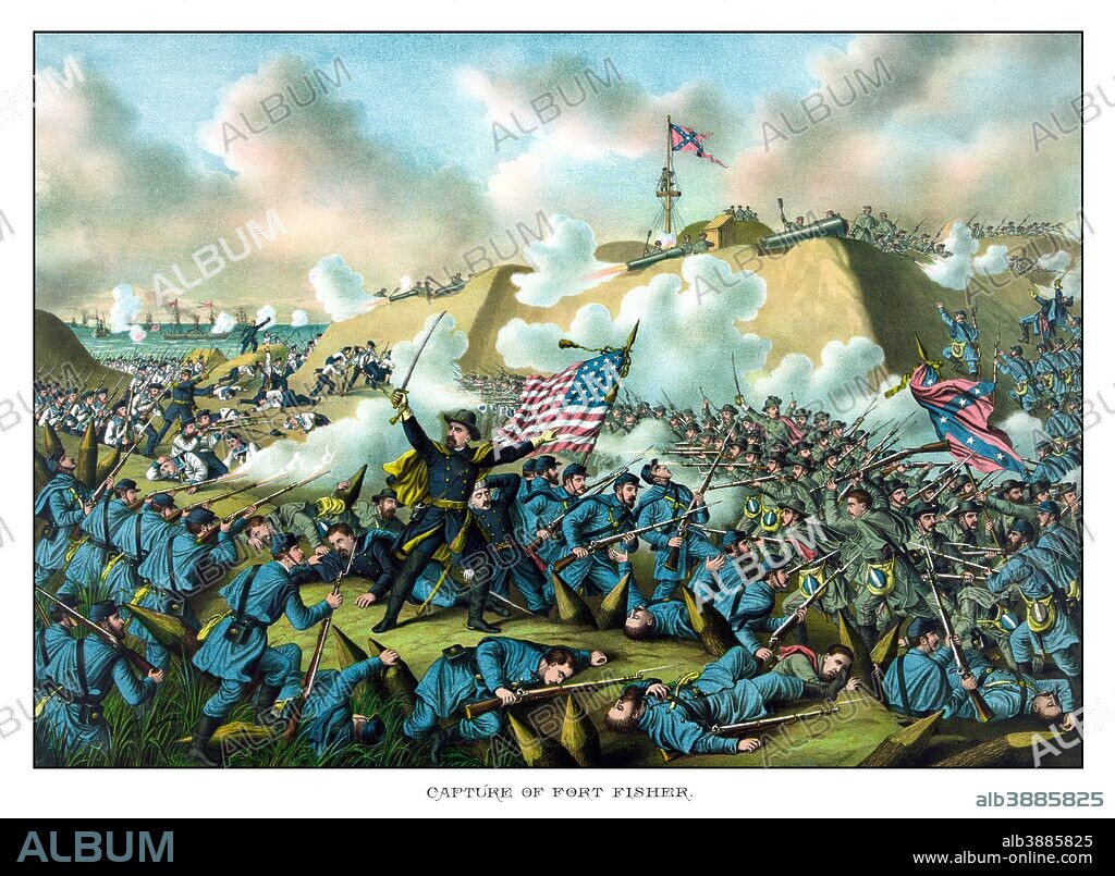 Digitally restored Civil War print depicting the Union Army's capture of Fort Fisher. The capture of Fort Fisher was a joint assault of Union Army and Naval forces. Fort Fisher was referred to as the Gibraltar of the South and was the last major coastal stronghold of the Confederacy. The battle took place January 13 - 15, 1865 outside of Wilmington, North Carolina.