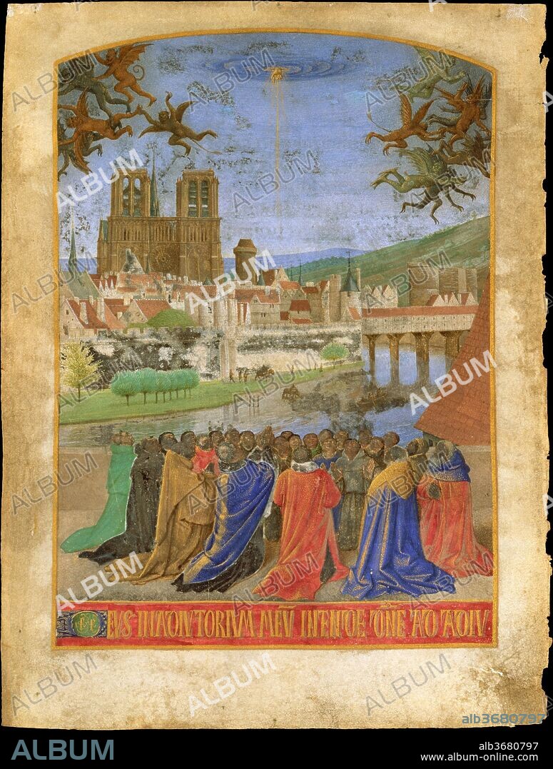 The Right Hand of God Protecting the Faithful against the Demons. Artist: Jean Fouquet (French, Tours ca. 1425-ca. 1478 Tours). Dimensions: leaf: 7 5/8 x 5 3/4 in.  (19.4 x 14.6 cm). Date: ca. 1452-1460.
The "Hours of Étienne Chevalier" is one of the most famous and lavishly illuminated manuscripts of the fifteenth century. It was painted for the treasurer of France by Jean Fouquet, court artist to kings Charles VII and Louis XI, who worked not only as a miniaturist but also as a panel painter. The Lehman miniature decorates the page that contains the opening words of the evening prayer (vespers) for the Hours of the Holy Spirit. It shows the faithful standing in the foreground on a terrace, looking up at the hand of God, as demons flee to the left and right. The subject is highly unusual, as is the topographically accurate depiction of medieval Paris, in which the cathedral of Notre Dame, the spire of Saint-Chapelle, the Pont Saint-Michel, and other monuments of the Île de la Cité (including the Hôtel de Nesle, where the figures stand) are immediately recognizable.