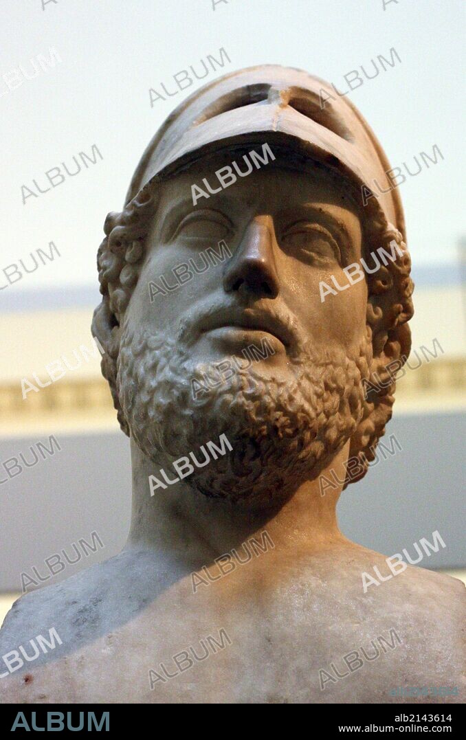 Sculpted marble portraiture of Pericles, former ruler of Athens. Roman, 2nd century copy of Greek original depicting him as a model citizen soldier. (Photo by: Universal History Archive/UIG via Getty Images).