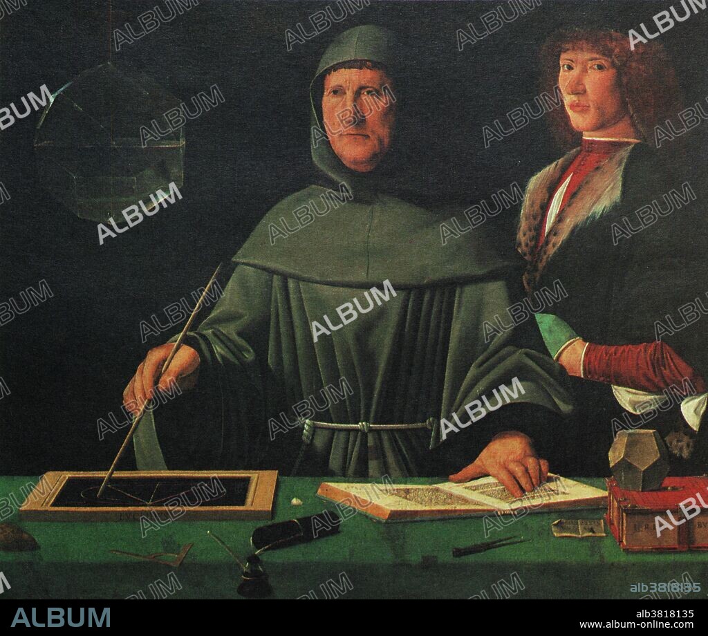 Franciscan friar and mathematician Luca Pacioli (1445 - c.1514), known as the father of accounting, teaching the Duke of Urbino Guidobaldo Da Montefeltro. The painting is attributed to Jacopo de' Barbari. Pictured on the table are various geometrical tools. A rhombicuboctahedron, half filled with water, hangs from the ceiling.