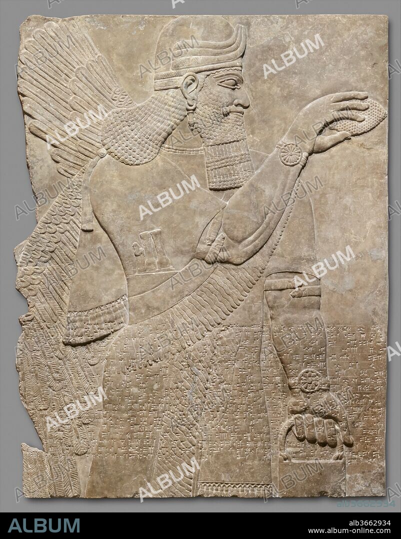 Relief panel. Culture: Assyrian. Dimensions: 64 5/8 x 49 1/2 x 3 1/2 in. (164.1 x 125.7 x 8.9 cm). Date: ca. 883-859 B.C..
This panel from the Northwest Palace at Nimrud (ancient Kalhu) depicts a winged supernatural figure. Such figures appear throughout the palace, sometimes flanking either the figure of the Assyrian king or a stylized "sacred tree." The reliefs were painted, but today almost none of the original pigment survives. However, the reliefs themselves retain incredible detail, including intricate incised designs on many of the figures' clothing.
The protective figure on this panel originally stood back to back with another on one side of a doorway, with parallel figures on the other side, so that one pair of figures faced out toward a courtyard and the other into the room. The Museum collection includes fragments of all four figures. The figure is human-headed and faces right, holding in his left hand a bucket and in his right hand a cone whose exact nature is unclear. One suggestion has been that the gesture, sometimes performed by figures flanking a sacred tree, is symbolic of fertilization: the "cone" resembles the male date spathe used by Mesopotamian farmers, with water, to artificially fertilize female date-palm trees. It does seem likely that the cone was supposed to hold and dispense water from the bucket in this way, but it is described in Akkadian as a "purifier," and the fact that figures performing this gesture are also shown flanking the king suggests that some purifying or protective meaning is present. The figure wears a horned cap, indicating divinity, and jewelry: visible are a large pendant earring, a collar consisting of two bands of beads and spacers, armlets with animal-head terminals, and bracelets, one artificially reversed so that the large central rosette symbols, associated with divinity and perhaps particularly with the goddess Ishtar, are visible on both. Although we cannot know how these elements were originally painted, excavated parallels include elaborate jewelry in gold, inlaid with semi-precious stones. A collar or necklace such as that shown here might have been made up of semi-precious stones separated by gold spacer beads. The figure carries three knives, tucked into a belt with their handles visible at chest level, and one of these is also animal-headed.
The figures are supernatural but do not represent any of the great gods. Rather, they are part of the vast supernatural population that for ancient Mesopotamians animated every aspect of the world. They appear as either eagle-headed or human-headed and wear a horned crown to indicate divinity. Both types of figure usually have wings. Because of their resemblance to groups of figurines buried under doorways for protection whose identities are known through ritual texts, it has been suggested that the figures in the palace reliefs represent the apkallu, wise sages from the distant past. This may indeed be one level of their symbolism, but protective figures of this kind are likely to have held multiple meanings and mythological connections.
Figures such as these continued to be depicted in later Assyrian palaces, though less frequently. Only in the Northwest Palace do they form such a dominant feature of the relief program. Also unique to the Northwest Palace is the so-called Standard Inscription that ran across the middle of every relief, often cutting across the imagery. The inscription, carved in cuneiform script and written in the Assyrian dialect of the Akkadian language, lists the achievements of Ashurnasirpal II (r. 883-859 B.C.), the builder of the palace. After giving his ancestry and royal titles, the Standard Inscription describes Ashurnasirpal's successful military campaigns to east and west and his building works at Nimrud, most importantly the construction of the palace itself. The inscription is thought to have had a magical function, contributing to the divine protection of the king and the palace.
The protective figure on this panel originally stood back to back with another on one side of a doorway, with parallel figures on the other side, so that one pair of figures faced out toward a courtyard and the other into the room. The Museum collection includes fragments of all four figures, arranged at the entrance to the Nimrud sculpture court to reflect their original position.