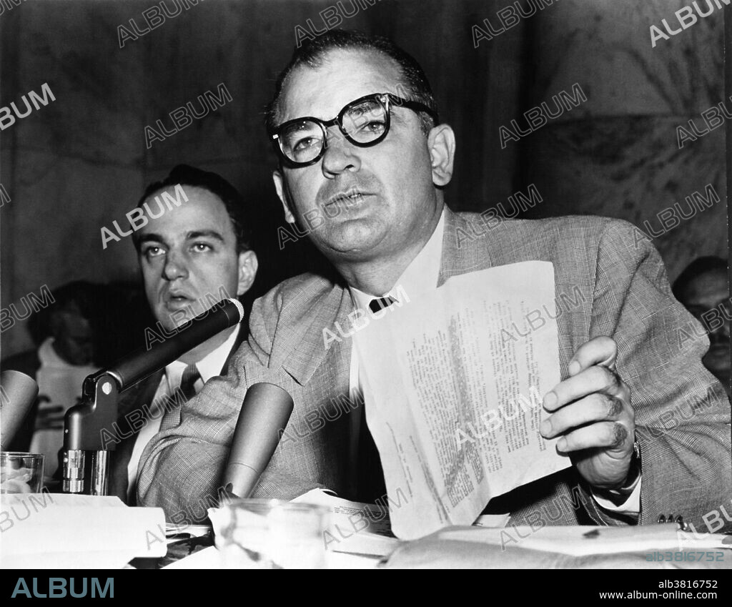 Senator Joseph McCarthy and Roy Cohn. Joseph Raymond "Joe" McCarthy (1908- 1957) was an American politician who served as a Republican U.S. Senator from the state of Wisconsin from 1947 until his death in 1957. In 1950, McCarthy became the most visible public face of a period in which Cold War tensions fueled fears of widespread Communist subversion. He made claims that there were large numbers of Communists and Soviet spies and sympathizers inside the United States federal government and elsewhere. Ultimately, McCarthy's tactics and his inability to substantiate his claims led him to be censured by the United States Senate. After his censure, McCarthy continued senatorial duties for another two and a half years, but his career as a major public figure had been unmistakably ruined. He died in 1957, at the age of 48. The official cause of his death was listed as acute hepatitis. It was hinted in the press that he died of alcoholism, an estimation that is now accepted by contemporary biographers.