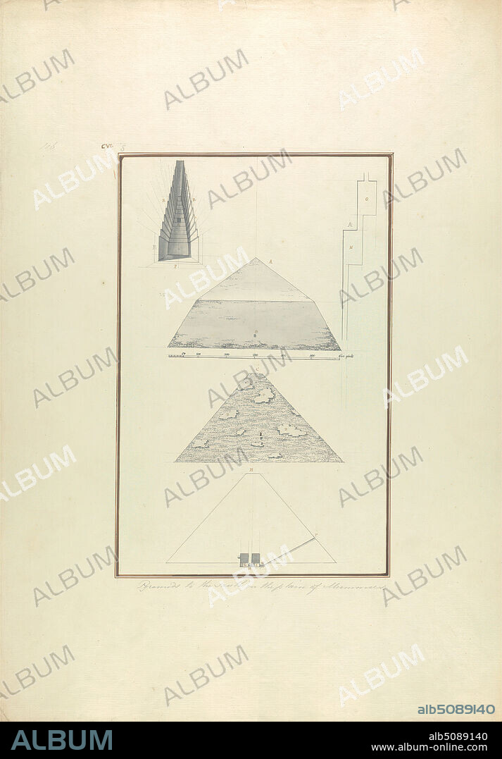 Plans and Views of Two Pyramids, One Cephron's at Giza, Giovanni Battista Borra, 17131770, Italian, ca. 1750, Gray wash with black and brown ink over graphite on moderately thick, moderately textured, beige laid paper, Sheet: 21 1/4 x 14 13/16 inches (54 x 37.6 cm) and Image: 12 3/8 x 8 1/16 inches (31.4 x 20.4 cm), architectural subject, cross section, elevation (drawing), pyramids (tombs), scale (rule), Egypt, Frontier, Giza Necropolis, Matruh, Pyramid of Khafre.