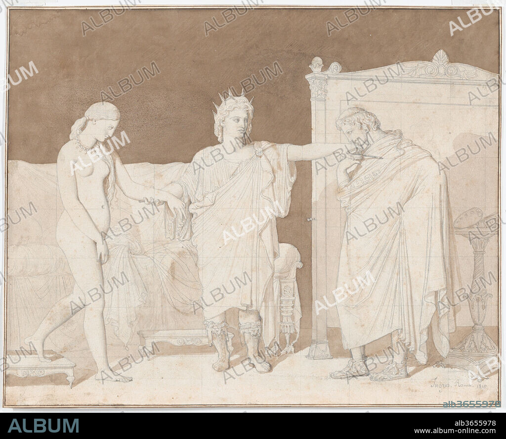 Alexander the Great presenting Campaspe to Apelles. Artist: Jean Auguste Dominique Ingres (French, Montauban 1780-1867 Paris). Dimensions: Sheet: 11 3/8 × 14 1/8 in. (28.9 × 35.9 cm). Date: 1810.
Executed during his last year as a student at the French Academy in Rome, Ingres takes the subject of this drawing from Pliny's Natural History of 77 A.D. Alexander the Great, who stands at center, had commissioned Apelles to paint a portrait of his favorite mistress, Campaspe. Over the course of the sittings, Apelles fell in love with his subject. As a sign of his esteem, Alexander then offered Campaspe to the painter; it is this moment of exchange that Ingres chose to represent. With her arm supported by the king, Campaspe steps off a small pedestal. She gazes across at Apelles who, with a paintbrush between his fingers, kisses the king's hand in gratitude. The frieze-like nature of the composition suits the antique subject. Ingres never pursued the subject in paint, so this drawing is his most advanced version of the composition, probably intended as a finished work in itself.