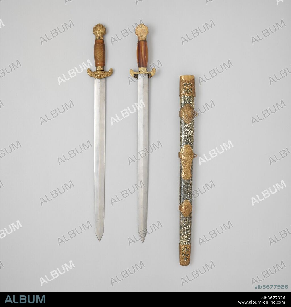 Double Sword with Scabbard. Culture: Chinese. Dimensions: L. with scabbard 28 in. (71.1 cm); L. of each without scabbard 25 3/8 in. (64.5 cm); W. 3 in. (7.6 cm); Wt. of each 1 lb. 1.1 oz. (484.8 g); Wt. of scabbard 12.1 oz. (343 g). Date: 18th-19th century.