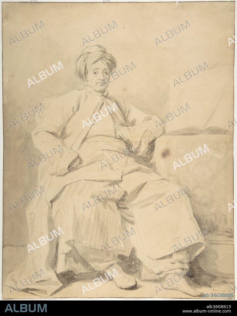 JEAN-HONORÉ FRAGONARD. The Sultan. Artist: Jean Honoré Fragonard (French, Grasse 1732-1806 Paris). Dimensions: 14 1/4 × 11 1/4 in. (36.2 × 28.6 cm). Date: 1774.
Despite its traditional title, this sheet represents not a sultan but a model dressed in Turkish attire. Posing and drawing figures in exotic costume was a long-standing tradition at the Académie de France in Rome where Fragonard had studied--a practice connected both to masquerades and to the training of young history painters. However, this sheet dates to 1774, when Fragonard visited Rome a second time, this time in the company of his patron, Pierre Jacques Onésyme Bergeret de Grancourt. As with many of his brown wash drawings of the 1770s, the wash here is intentionally diluted, its transparency leaving visible the freely executed black chalk underdrawing.
A modern copy of this drawing, once considered to be the original, is also in the museum's collection (1972.118.213).