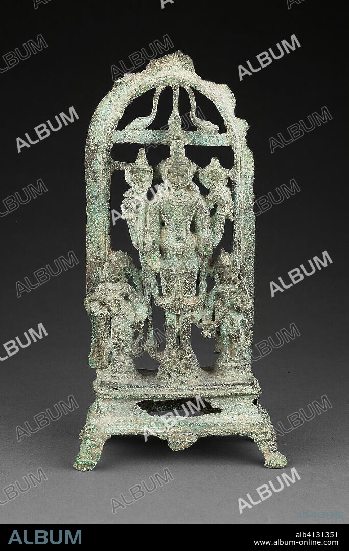 God Vishnu with Lakshmi and Sarasvati. India; Bengal. Date: 901 AD-1100. Dimensions: 15.7 × 8 × 5.3 cm (6 3/16 × 3 1/8 × 2 1/16 in.). Bronze. Origin: Bengal.