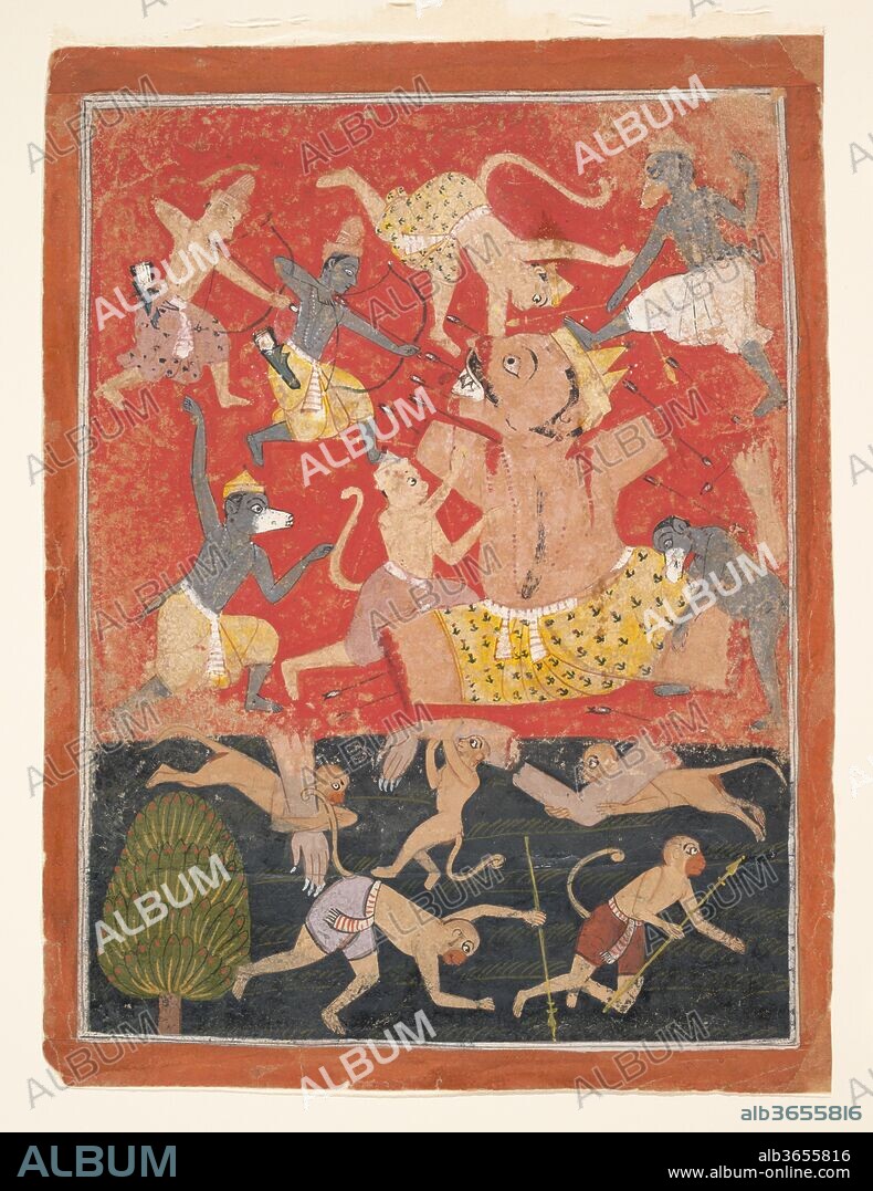 The Demon Kumbhakarna Is Defeated by Rama and Lakshmana. Culture: India (Madhya Pradesh, Malwa). Dimensions: 8 1/2 x 6 1/2 in. (21.6 x 16.5 cm). Date: ca. 1670.
According to the Ramayana, Kumbhakarna, the terrifying giant and brother of Ravana, was causing great damage to the monkey army when Rama and Lakshmana entered the battle. Using magical arrows of great power, Rama severed Kumbhakarna's limbs and filled his mouth with pointed steel shafts. The pathos of the demon's defeat is emphasized by his dismembered body parts being carried away by the bear and monkey warriors. Compared to the Mughal depiction The Awakening of the Demon Kumbhakarna, which shows the giant sleeping, this Malwa portrayal focuses on his violent and bloody demise. The brilliant red and black color fields and the spatial ambiguity are drawn from earlier Hindu painting traditions of Malwa, where the Mughal style had little impact.