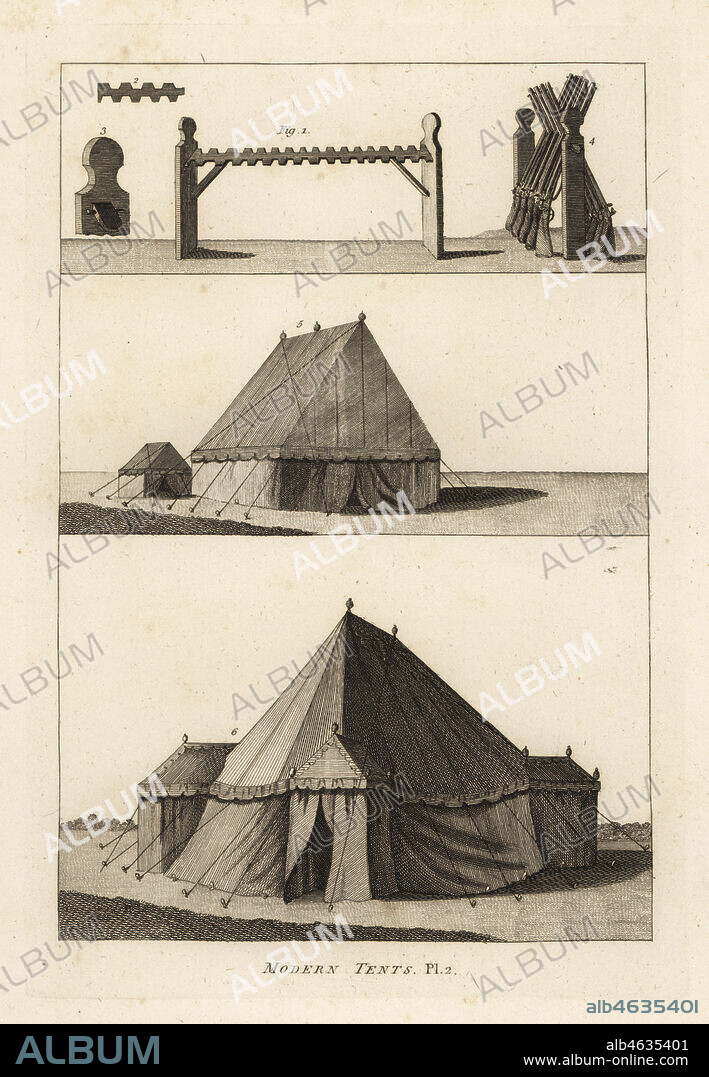18th century military tents: horse or rack to support firelocks 1,2,3, muskets on the rack 4, laboratory tents belonging to the artillery 5, field officers tent or marquis 6. Copperplate engraving from Francis Grose's Military Antiquities respecting a History of the English Army, Stockdale, London, 1812.