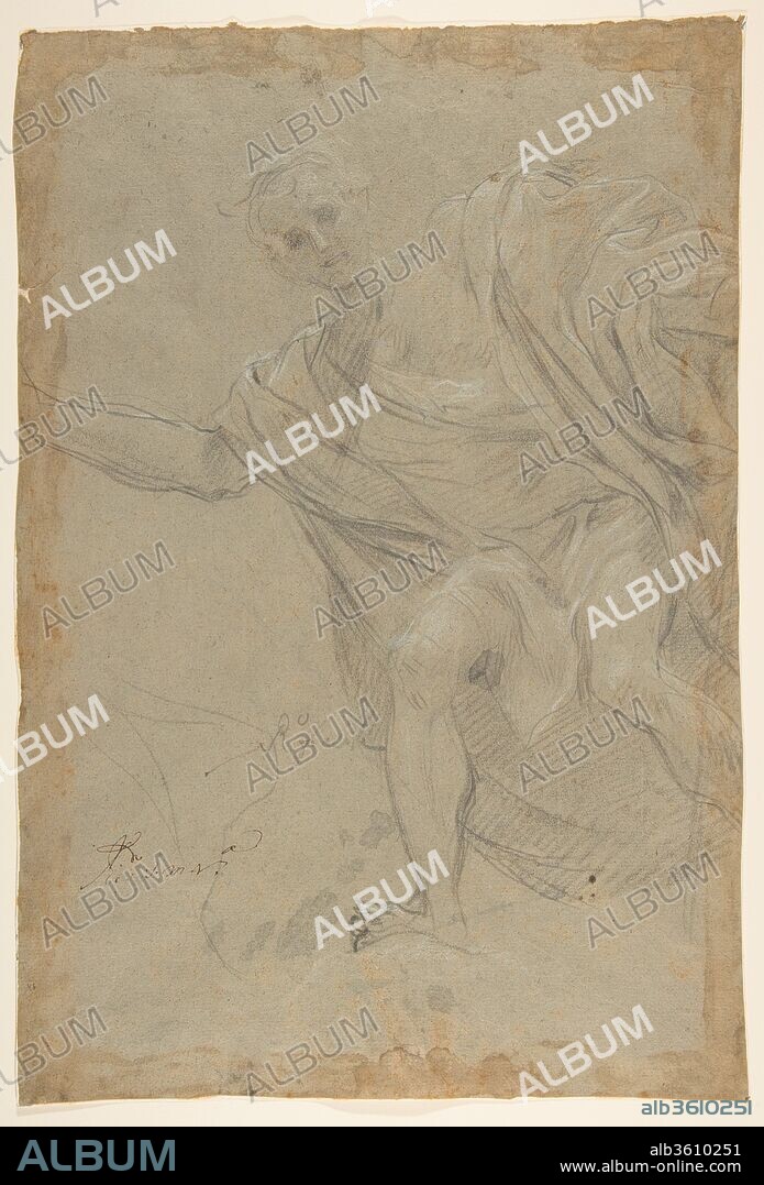 Standing Draped Male Figure. Artist: Baldassarre Franceschini (il Volterrano) (Italian, Volterra 1611-1690 Florence). Dimensions: 15 5/16 x 10 3/8 in.  (38.9 x 26.3 cm), max.. Date: ca. 1550.
This animated study was drawn in preparation for the figure of Saint John the Evangelist in Franceschini's vault fresco of the Coronation of the Virgin in the Niccolini Chapel of Santa Croce, Florence, executed between 1652 and 1660.Commissioned by the Marchese Filippo Niccolini, this important project also included frescoes of the sibyls on the pendentives, and was regarded as one of the artist's masterpieces by his contemporaries, rivalling the work of Correggio and Giovanni Lanfranco.  It was carefully described by Volterrano's earliest biographer, Filippo Baldinucci, in 1681.  This drawing illustrates the diligent process by which the artist studied the foreshortened poses of the numerous figures in the composition from living nude models. Drawings such as this enabled Franceschini to paint perspectivally complex frescoes, for which he was much admired during his lifetime. Here the rapidly drawn sketch defines the pose and sets the figure in space, corrected for the anticipated vantage point of the viewer.