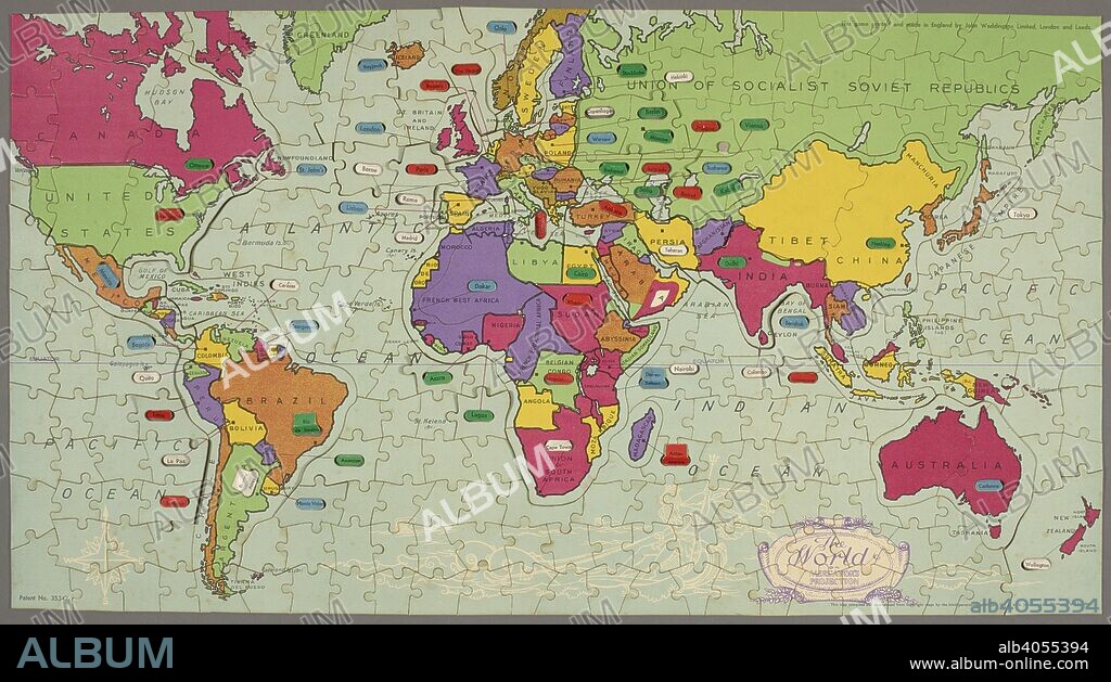 'The world on Mercator's projection'. A jigsaw puzzle. â€œMappa-Mundiâ€ the new travel game. London : John Waddington Ltd, [1935]. Source: Maps C.29.e.8. Language: English.