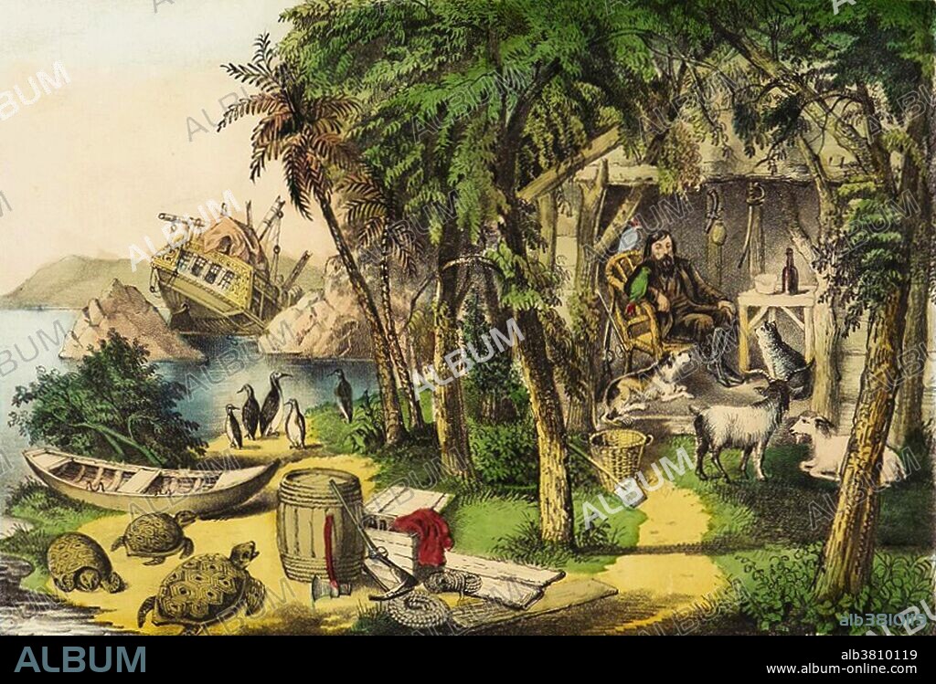 An illustration depicting Robinson Crusoe, a character created by Daniel Defoe in his novel of the same name. It was published in 1719 and the first edition credited the work's protagonist Robinson Crusoe as its author, leading many readers to believe he was a real person and the book a travelogue of true incidents. It is often considered the first English novel. The story is partly based on the life of Alexander Selkirk, a Scottish castaway who lived for four years on a Pacific island called "Mas a Tierra", now part of Chile, which was renamed Robinson Crusoe Island in 1966.