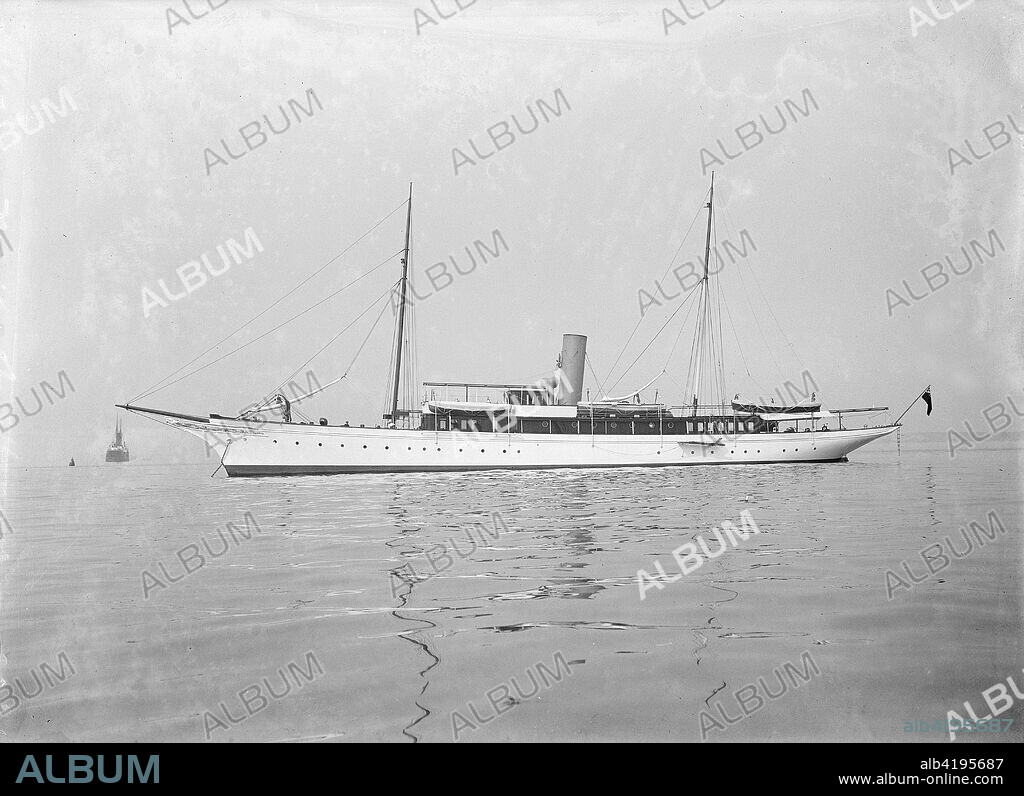 The steam yacht 'Maid of Honour' at anchor, 1914.