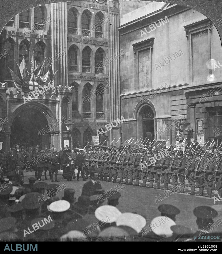 Inspecting the Guard of Honour at the Guildhall, London, World War I, c1914-c1916. Lord Kitchener, British Secretary of State for War, inspecting the troops together with the Lord Mayor of London. From a box set of stereoscopic cards titled 'The Great War'.