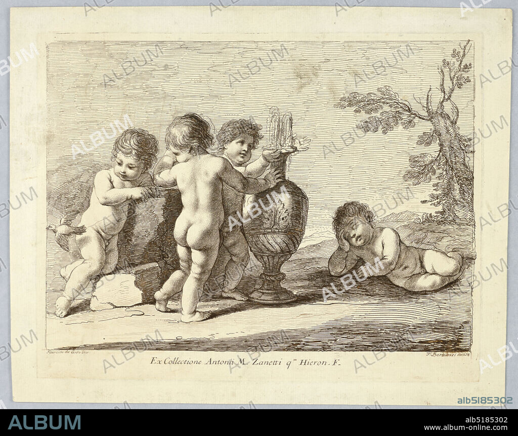 Boys Playing with a Bird, Francesco Bartolozzi, Italian, active England,  17271815, Giovanni Francesco Barbieri (called Guercino), Italian, 1591  1666, Engraving in brown in - Album alb5185302