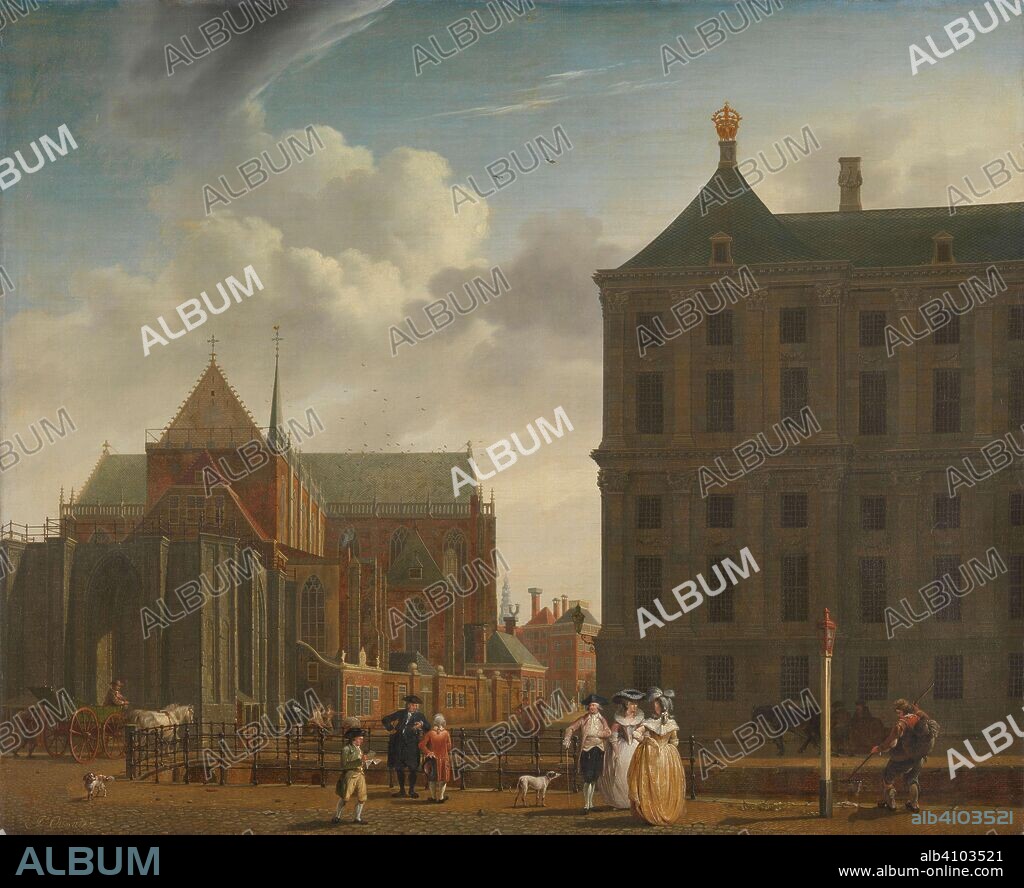 ISAAC OUWATER. The Nieuwe Kerk and the Town Hall on the Dam in Amsterdam. De Nieuwe Kerk en het stadhuis op de Dam in Amsterdam. Dating: c. 1780 - c. 1790. Measurements: h 59 cm × w 73 cm.