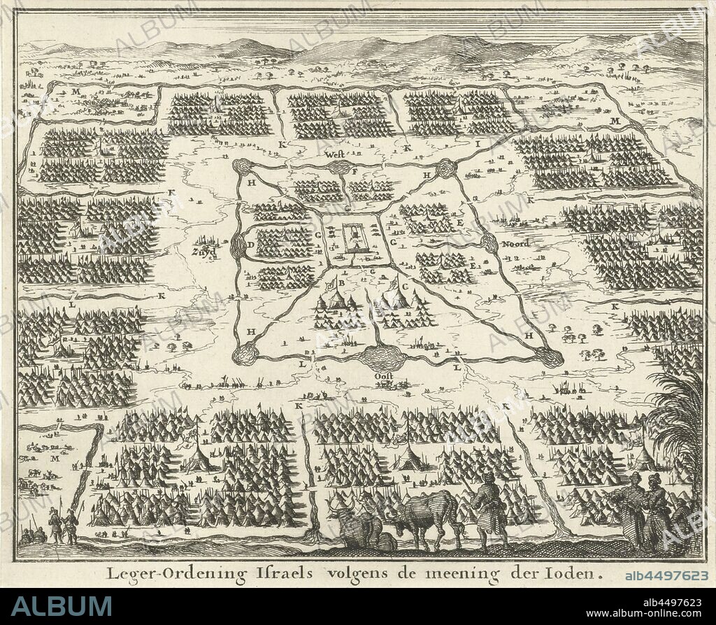 Tabernacle surrounded by tent camps of the twelve tribes of Israel Army Ordering Israel according to the opinion of the Jews (title on object), the twelve tribes of Israel tabernacle, 'mishkan', Jewish religion, Jan Luyken, Amsterdam, 1683, paper, etching, h 142 mm × w 173 mm.