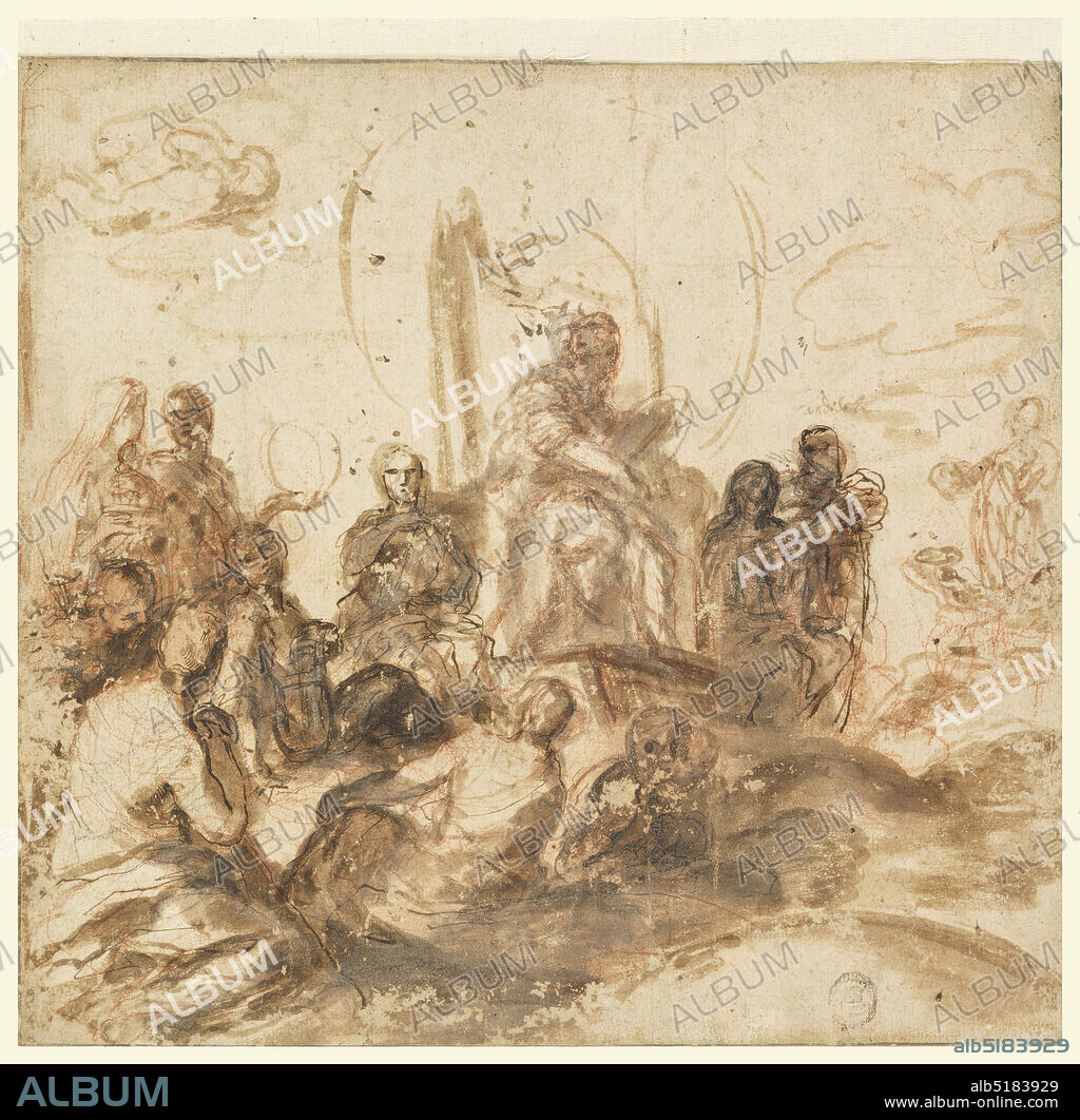 Design for Allegory of Divine Wisdom, Reception Room, Palazzo Barberini,  Rome, Italy, Andrea Sacchi, Italian, 1599 1661, Brush and brown wash, pen  and brown ink, red, blac - Album alb5183929