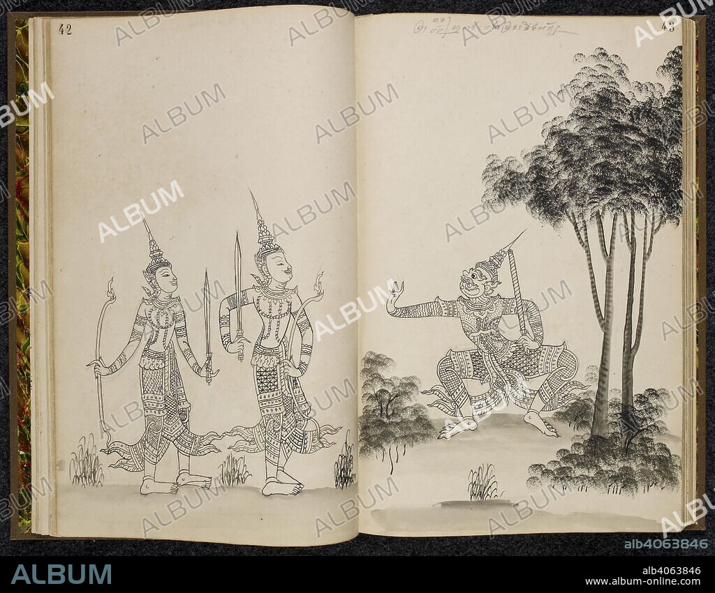 Rama and Lakshmana confront Ravana, scene from the Ramakien (Thai version of the Ramayana). Ramakien (Thai version of the Ramayana). 1880. Materials: European paper Dimensions: 230 mm x 355 mm Script: Khom script, a variant of Khmer script used in Thailand in pencil. Source: Or. 14859 ff.42-43. Language: Thai.