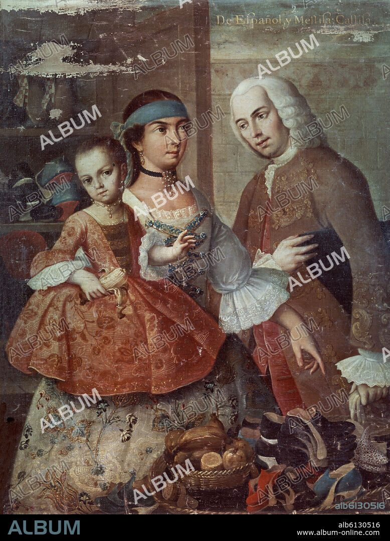 MIGUEL CABRERA (1695-1768). A Spaniard and his Mexican Indian Wife and  their Child, from a series on mixed race marriages in Mexico - oil on  canvas - 1763. - Album alb6130516