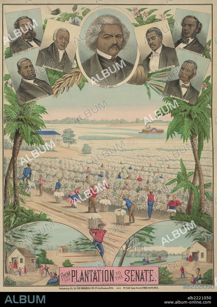 Composite of three plantation scenes and portraits of Benjamin S. Turner, Rev. Richard Allen, H.R. Revels, Frederick Douglass, Josiah T. Walls, Joseph H. Rainy, and William Wells Brown.