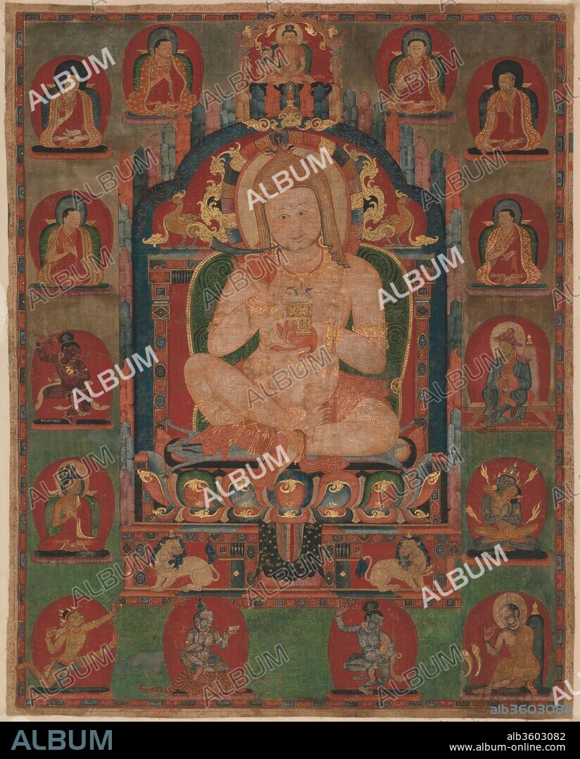 Portrait of Jnanatapa Attended by Lamas and Mahasiddhas. Culture: Eastern Tibet, Kham, Riwoche monastery. Dimensions: 27 x 21 1/2 in. (68.6 x 54.6 cm). Date: ca. 1350.
This portrait was created for Riwoche monastery in eastern Tibet, a branch of Taklung monastery. The central figure and the assembled abbots are not directly named on the painting. Nonetheless, two inscriptions allow a lineage identification: the epithet Jnanatapa ("heat of wisdom") appears on the painting's veil, a name denoting a famous Indian mahasiddha, the spiritual fathers of Tantric Buddhism. The second is the identity of presiding deity above the central figure, named as Avagarbha. The importance of these two clues is revealed by their presence in the official history of Taklung monastery, which tells that the first abbot of Riwoche monastery was an incarnation of "the peerless mahasiddha Jnanatapa" and that his Tantric teacher was Avagarbha, a Bengal  siddha. Hence, this portrait is intended to invoke the spiritual lineage of Taklung and Riwoche monasteries through the person of mahasiddha Jnanatapa.