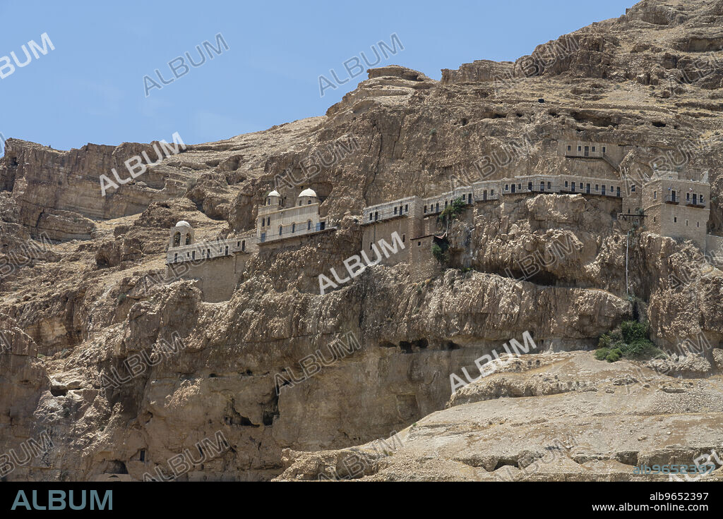 Palestine, Occupied Palestinian Territory, Jericho, The Greek Orthodox Monastery of the Temptation on the Mount of Temptation, the traditional site of the Temptation of Christ, near at Jericho in the Occupied Territory of the West Bank. The earliest monastery here was built by the Byzantines in the 6th Century A.D. Monks have lived in the caves below the monastery for centuries.