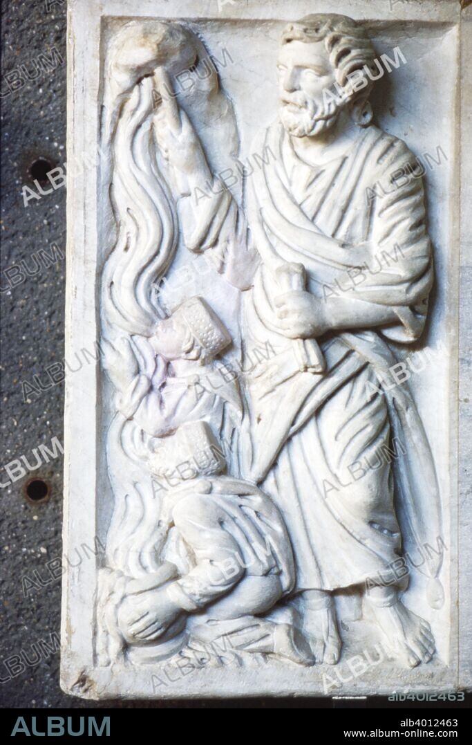 Moses strikes the Rock, for water in the desert,  Early Christian Sarcophagus, c4th century. Early Christians sarcophagi are those Ancient Roman sarcophagi carrying inscriptions or carving relating them to early Christianity. They were produced from the late 3rd century through to the 5th century. At Vatican Museum.