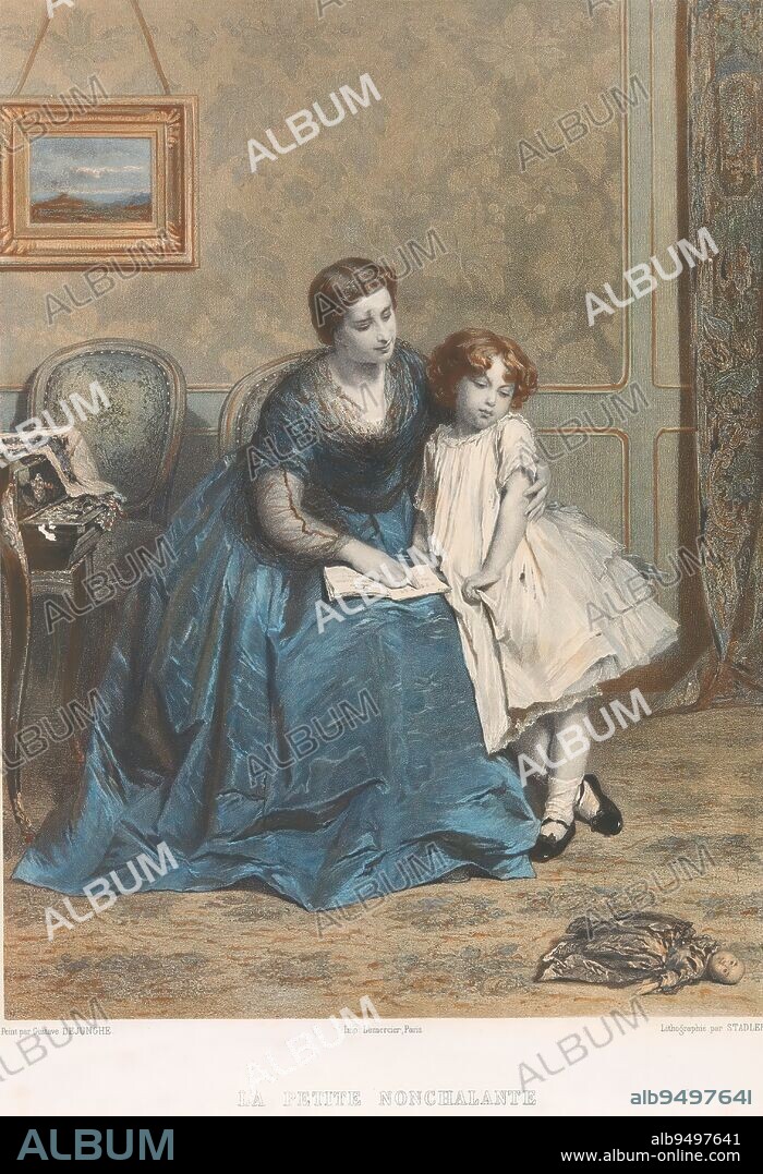 Woman and a girl reading together, La petite nonchalante (title on object), Interior with a woman in a dress on a chair with a book in her lap. Next to her is a young girl. The woman is pointing with her finger to a word in the text. The girl has turned her head away and is looking at the doll lying on the floor., print maker: Stadler, (mentioned on object), after painting by: Gustave Léonard De Jonghe, (mentioned on object), printer: Joseph Rose Lemercier, (mentioned on object), printer: Paris, publisher: New York (city), Oct-1861, paper, height 474 mm × width 373 mm.