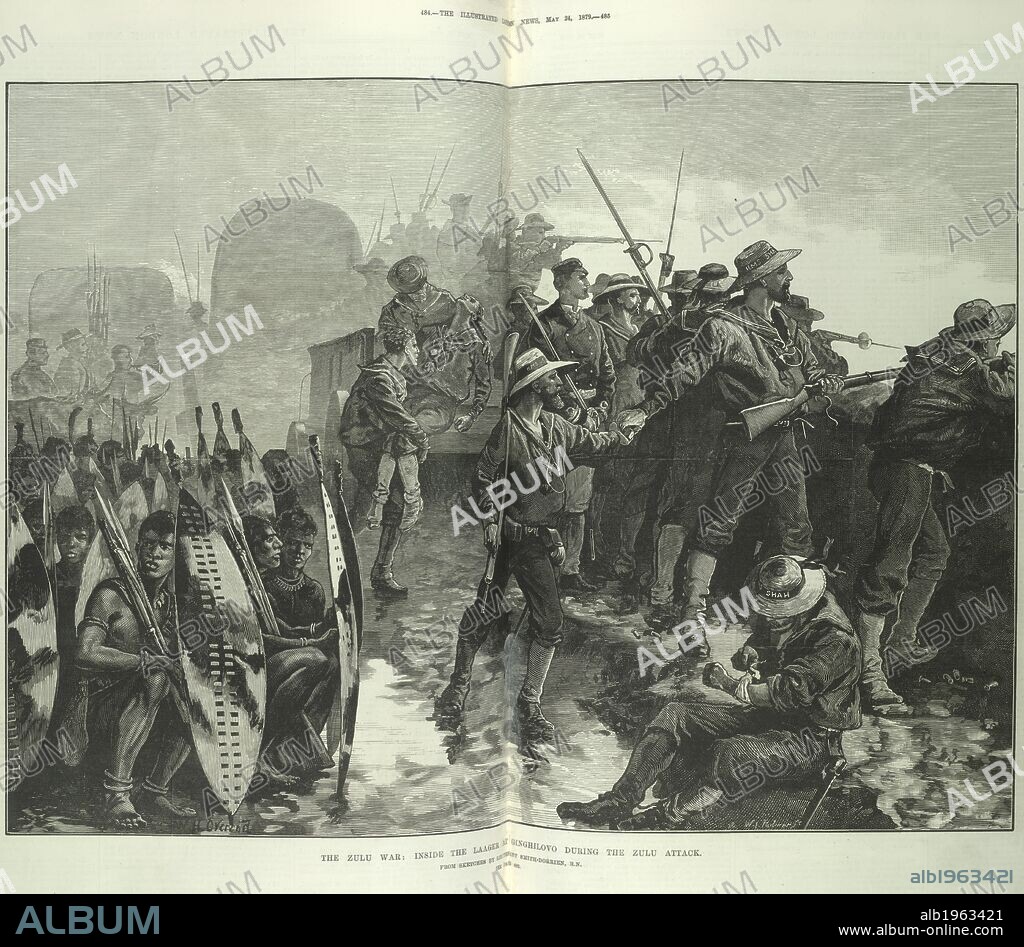 The Zulu war : Inside the laager at Ginghilovo during the Zulu attack. From sketches by Lieutenant Smith-Dorrien, R.N. . Illustrated London News. 24 May 1879. A British Naval Brigade fighting during the Anglo-Zulu War in 1879 at the Battle of Ginghilovo [Gingindlovu] on 2 April. The battle saw a Zulu impi of 11,000 men try and destroy an encamped British force of 6,000. At Ginghilovo, the British lost only eleven men killed, while the Zulus lost over a thousand. Source: Illustrated London News between pages 843 and 846. Language: English.