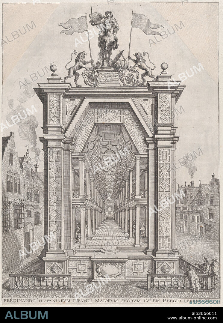 Plate 40: Design for festival architecture honoring the Spanish Prince Ferdinand's triumphal entry into the city of Ghent, January 28, 1635; from Guillielmus Becanus's 'Serenissimi Principis Ferdinandi, Hispaniarum Infantis...'. Dimensions: Sheet (Trimmed): 17 11/16 × 12 7/8 in. (45 × 32.7 cm). Published in: Antwerp. Publisher: Johannes Meursius (Flemish, active 1620-47). Date: 1636.
On January 28, 1635, the city of Ghent celebrated the entry of Cardinal-Infante Ferdinand of Spain, the recently appointed governor of the Southern Netherlands. A group of Flemish artists were commissioned to create paintings for the decoration of two triumphal arches erected in the city's main square for the occasion. Though the majority of these canvases are now lost, the engravings in Guillielmus Becanus's 'Serenissimi Principis Ferdinandi, Hispaniarum Infantis, S.R.E. Cardinalis, Triumphalis Introitus in Flandriae Metropolim Gandavum', Antwerp [1636], illustrate what the series looked like. The Metropolitan Museum of Art owns 34 plates from the set of 42.
Corners trimmed at top left and top right.