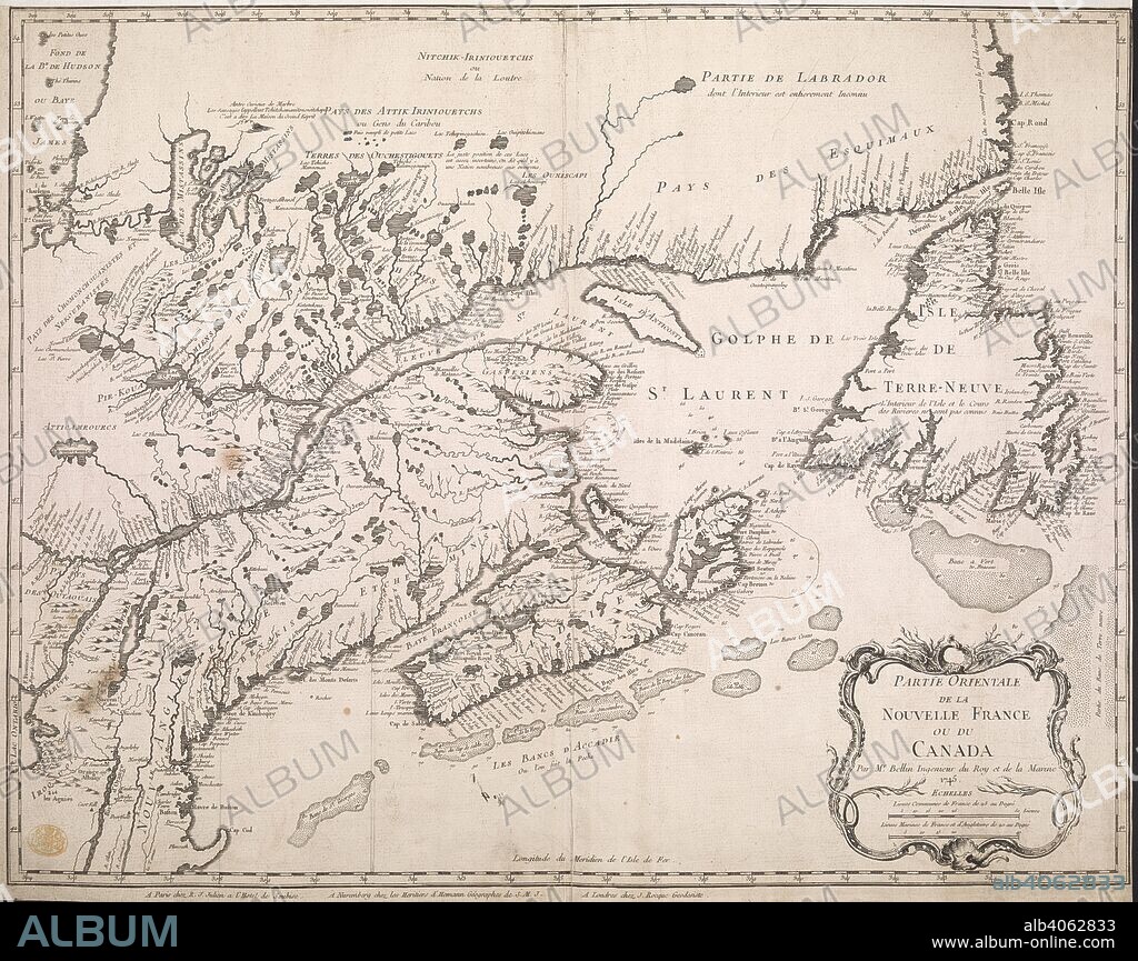 JACQUES NICOLAS BELLIN. A map of eastern Canada and part of North America extending from Newfoundland inland to the borders of Lake Ontario and southwards to Cape Cod. PARTIE ORIENTALE DE LA NOUVELLE FRANCE OU DU CANADA. Paris ; Nuremberg ; Londres [London] : chez R.J. Julien a l'Hotel de Soubise : chez les Heritiers d'Homann Geographes de S.M.J. : chez J. Rocque Geodesiste, [1745.]. Copperplate engraving. Source: Maps K.Top.119.5.a. Language: French.