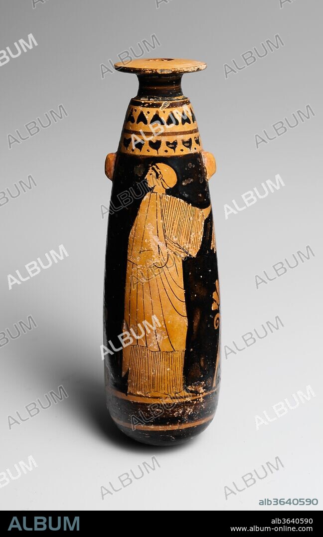 Terracotta alabastron (perfume vase). Culture: Greek, Attic. Dimensions: H. 5 13/16 in. (14.7 cm); diameter  13/16 in. (2 cm). Date: ca. 480 B.C..
Woman and Nike at altar, each with phiale.
Offering libations seems to have been an important role for women. Here a Nike (personification of victory), who looks very much like an Athenian lady with wings, and a mortal counterpart flank an altar. Each holds a phiale (libation bowl). It is likely that the sacrifice is for the successful return of a warrior or athlete.