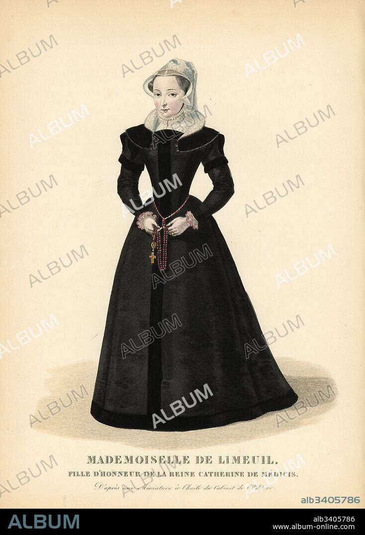 Isabelle de Limeuil, maid of honour and spy for Queen Catherine de Medici of France, 1535-1609. She wears a lace headress, lace collar, and austere black dress decorated with black embroidered bands. She holds a rosary belt. After a miniature in oils in the editor's collection. Handcoloured copperplate engraving by Georges Jacques Gatine after an illustration by Louis Marie Lante from Galerie Francaise de Femmes Celebres, Paris, 1827.