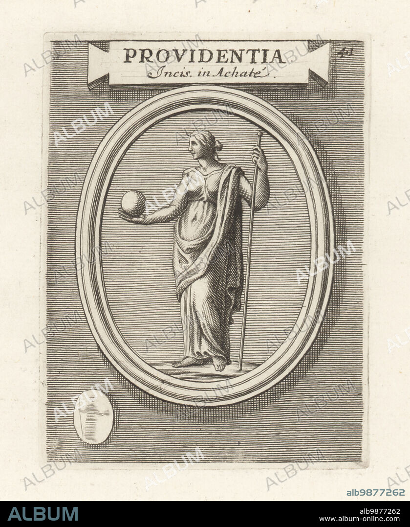 Providentia, Roman divine personification of foresight or providence, with orb and spear. From an engraved agate gem on a heretical amulet. Providentia Incis in Achate. Copperplate engraving from Francesco Valesio, Antonio Gori and Ridolfino Venutis Academia Etrusca, Museum Cortonense in quo Vetera Monumenta, (Etruscan Academy or Museum of Cortona), Faustus Amideus, Rome, 1750.
